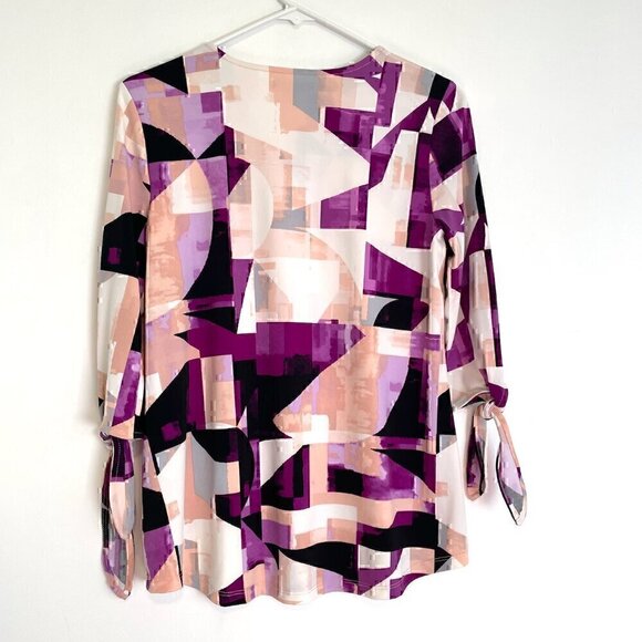 ALFANI Printed Tie Sleeve Blouse Pink Purple Geometric 3/4 Sleeve PETITE Medium - Picture 12 of 15